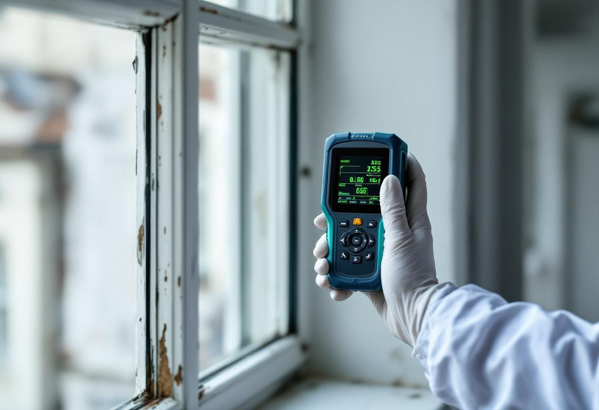Technician testing paintwork for lead in a building