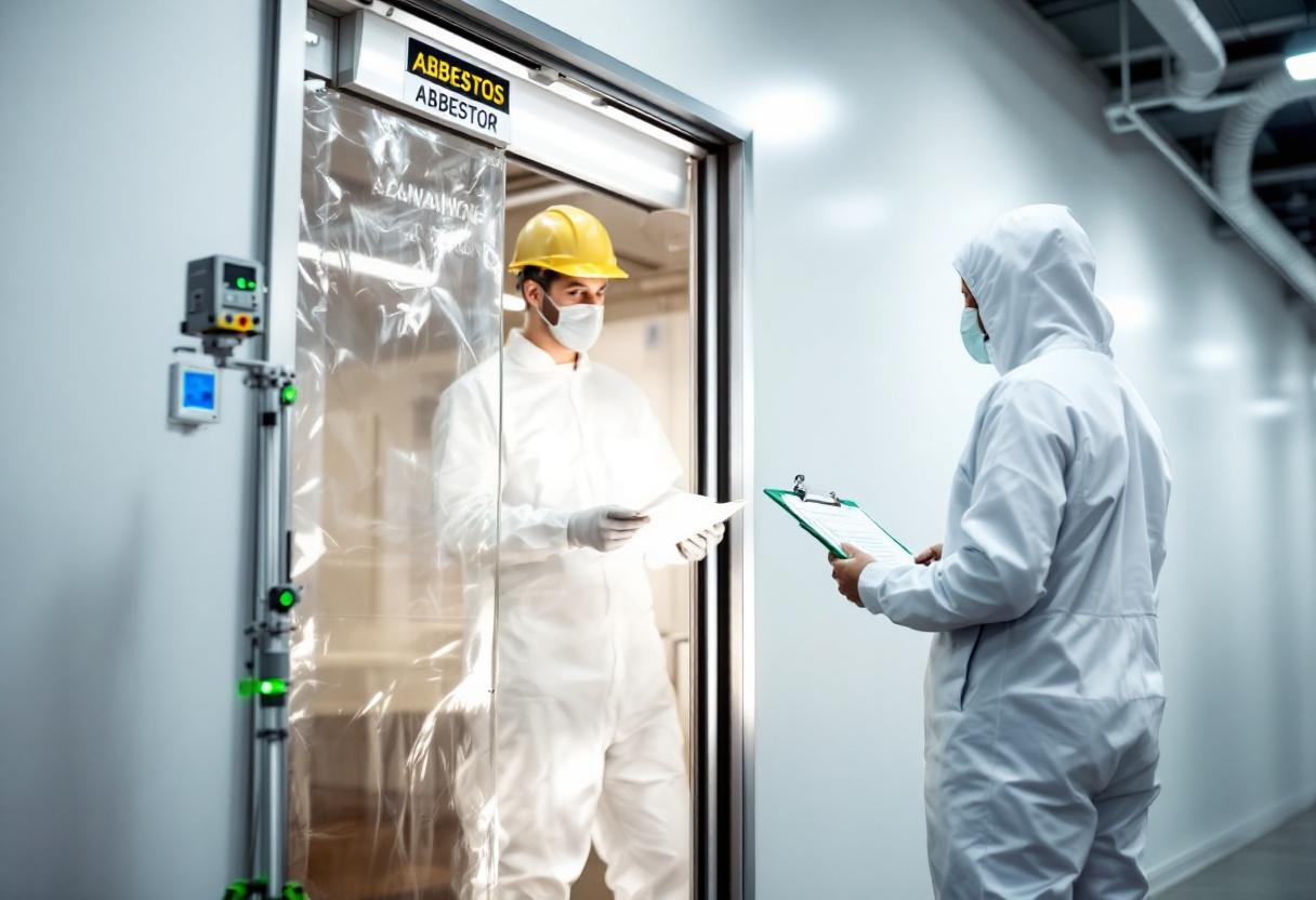 Consultant in coveralls carrying out air monitoring on a licensed asbestos worksite